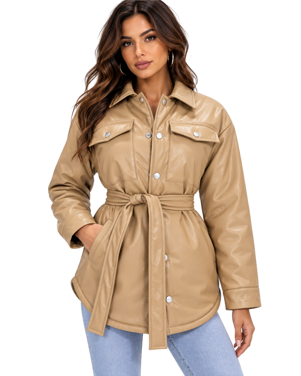 Manteau taupe mi long asymétrique simili cuir avec ceinture à la taille