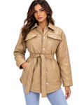 Manteau taupe mi long asymétrique simili cuir avec ceinture à la taille