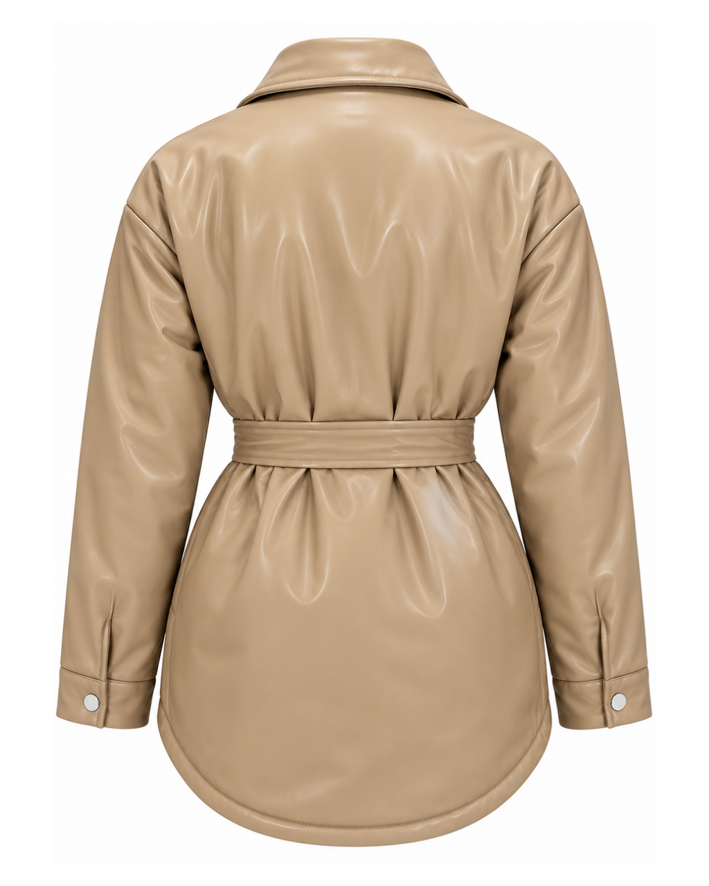 Manteau taupe mi long asymétrique simili cuir avec ceinture à la taille