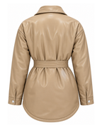 Manteau taupe mi long asymétrique simili cuir avec ceinture à la taille