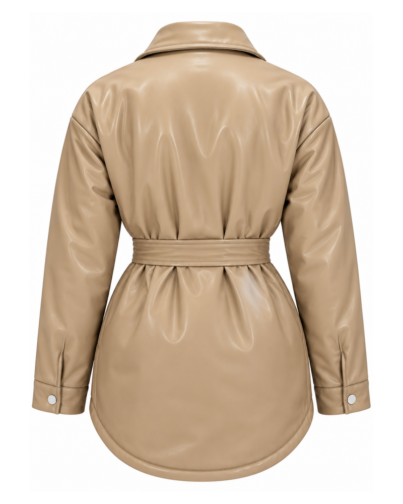 Manteau taupe mi long asymétrique simili cuir avec ceinture à la taille