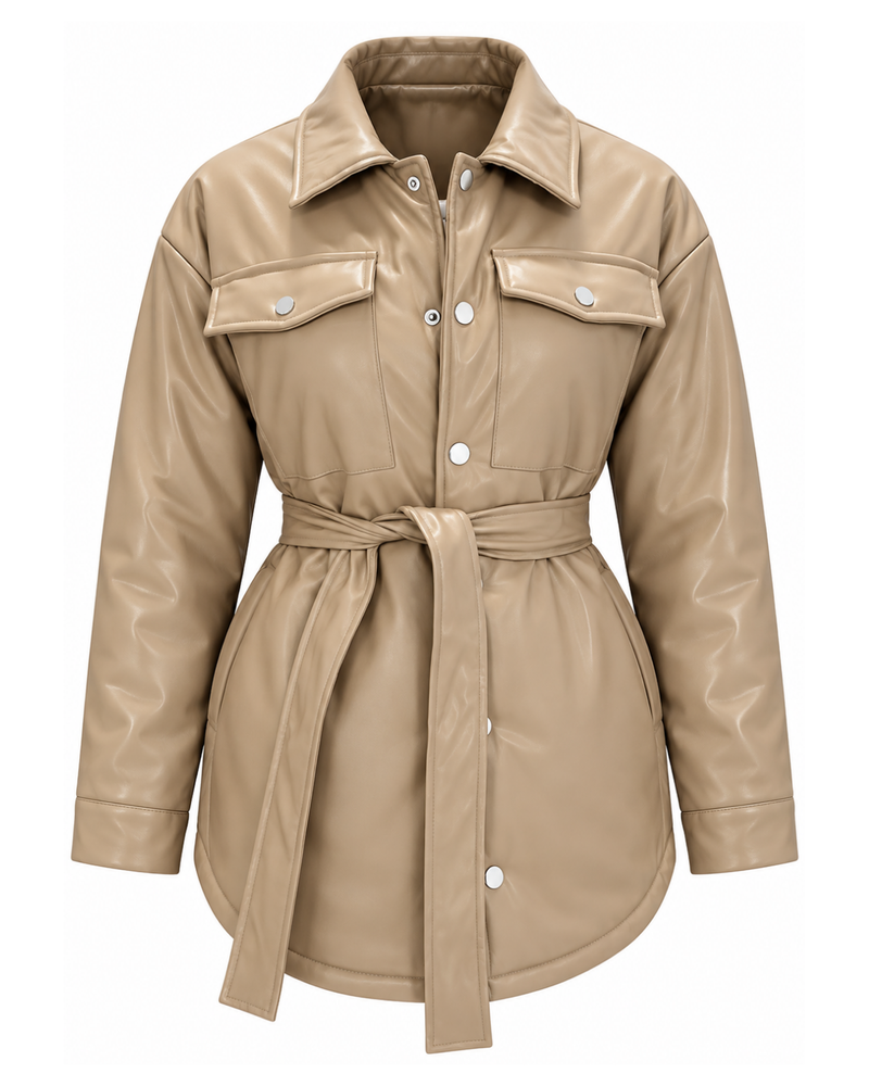 Manteau taupe mi long asymétrique simili cuir avec ceinture à la taille